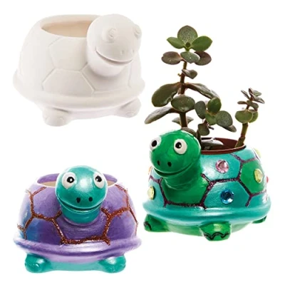 Image of Baker Ross FX594 Tortoise Ceramic Flowerpots Box of 2, Paint Your Own Plant Pot