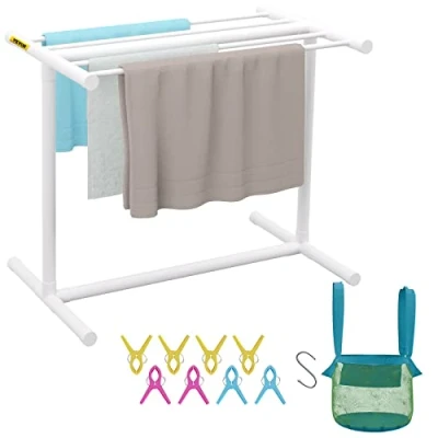 Image of VEVOR Pool Towel Rack, 5 Bar, White, Freestanding Outdoor PVC T Shape Poolside Storage Organizer, Include 8 Clips, Mesh Bag, Hook, Also Stores Floats and Paddles, for Beach, Swimming Pool, Home