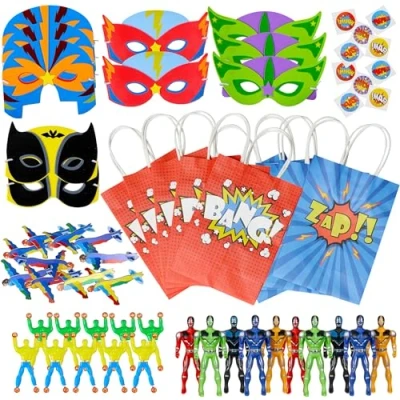 Image of THE TWIDDLERS 120 Piece Superhero Pre Filled Party Bags, Hero Themed Gift Toy Loot Bags with Action Figures, Masks, Tattoo Stickers for Kids Birthday