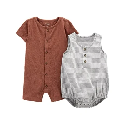 Image of Simple Joys by Carter&#039;s Baby Boys&#039; Button Rompers, Pack of 2, Brown/Grey Stripes, 0 3 Months