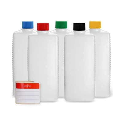 Image of Octopus 5 x 500 ml plastic bottles, HDPE bottles with colorful screw caps, empty square incl. labels