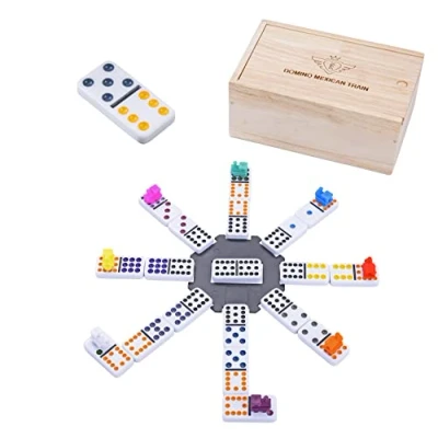 Image of Engelhart 250170 Mexican Train Dominoes Set D12 Wooden Box 91 Colorful 9mm + 8 Trains 2 to Players