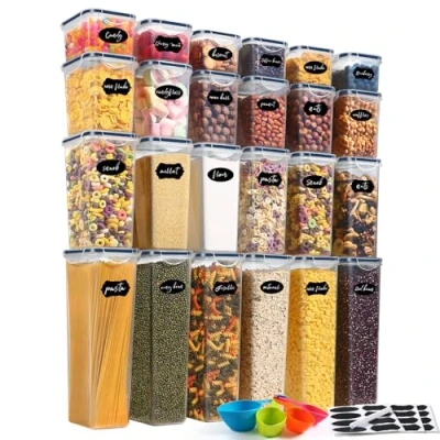 Image of YASHE 24Pack Food Storage Containers with Lids Airtight, Plastic Cereal Containers, BPA Free, Kitchen &amp; Organization for Dry Food, Pasta, Flour Sugar, Labels Spoon