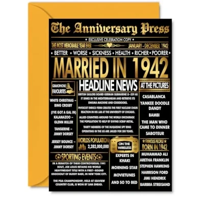 Image of Gold 83rd Anniversary Card for Men Women Golden Newspaper Married in 1942 Happy 83 Year Wedding Partner Wife Companion Husband, A5 Anniversaries Greeting Cards