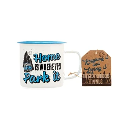 Image of Boxer Gifts &#039;Home Is Where You Park It&#039; Enamel Tin Camping Mug Fun Portable Shatterproof Travel Mugs for Van Motorhome Caravan Novelty Campervan Men &amp; Women