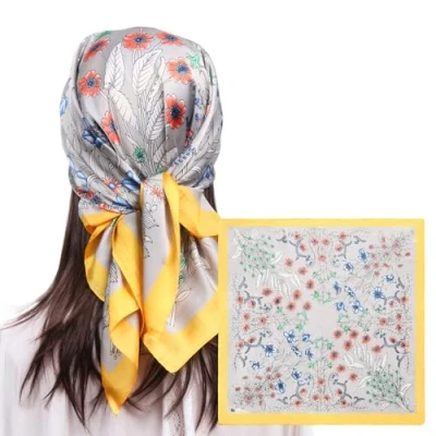 Image of MEANBEAUTY 27.5&quot; Square Silk Like Head Scarf for Women Satin Bandana Scarves Neck Scarfs Hair Wrapping at Night(Yellow Floral)
