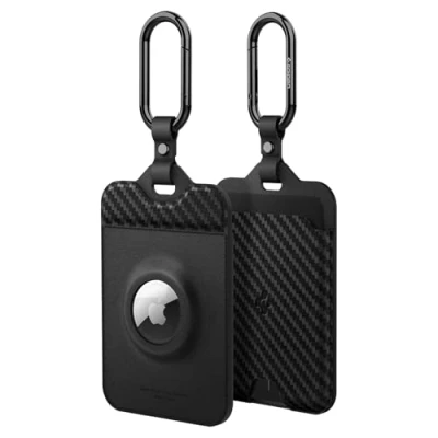 Image of Spigen AirFit PU Key Card Holder With AirTag Slot, Included Chain Ring, Designed for Tesla Card, Accessories, Compatible Model 3 2023, 2024 highland/Y/X/S 2 Pack, Carbon