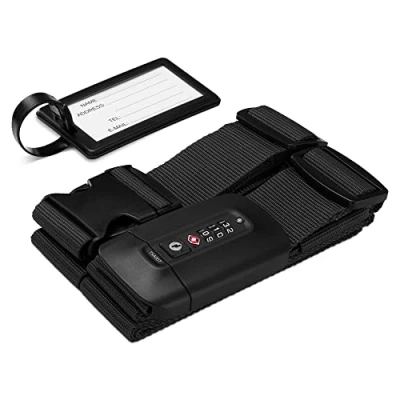 Image of Navaris Suitcase Strap with Lock Cross Case Baggage Belt Combination and Luggage Tag for Suitcases, Cabin Cases, Travel Bags Black
