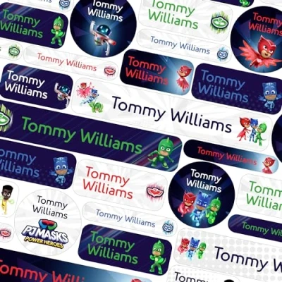 Image of 123 Name Labels for Kids No Iron Tags Clothes Stickers Water Bottles, School Uniform, School, Nursery, Care Homes, Washable and Dishwasher Safe Children (PJ Masks)