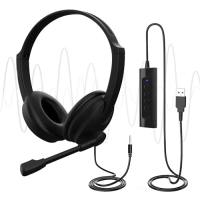 Image of USB Headset with Microphone for PC Laptop, Adjustable Noise Cancelling Business Office Headsets, 2 M Length Headphones In Line Control