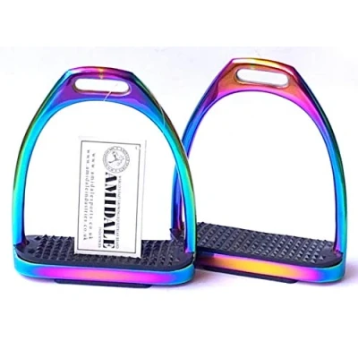 Image of AMIDALE RAINBOW GLOSS FILLIS IRONS STIRRUPS HORSE RIDING STAINLESS STEEL BNWT 5.00 INCHES