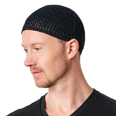 Image of CHARM Mens Hemp Kufi Hat Japanese Fashion Beanie Cap Islam Prayer Summer Skull Black M