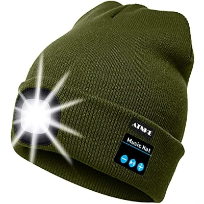 Image of ATNKE LED Lighted Bluetooth Beanie Cap, USB Rechargeable Wireless Musical Running Hat Ultra Bright 4 Waterproof Light Lamp Use for Skiing Hiking Camping Cycling (ArmyGreen)