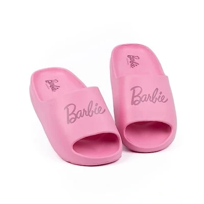 Image of Barbie Girls Sliders Pink Moulded Ridge Bottom Sandals for Kids &amp; Teens Fashion Doll Classic Logo Beachwear Summer Pool Shoes Slip on Footwear Movie Merchandise Gift Children