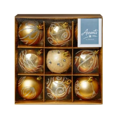 Image of Premier Decorations 9 x 60mm Decorated Balls, Champagne Gold