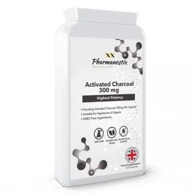 Image of Pharmanostix Activated Charcoal 300mg Vegan 120 Capsules (not Tablets) Steam from Coconut Contributes to Reducing Excessive Flatulence Natural Relief Keto Friendly UK Manufactured