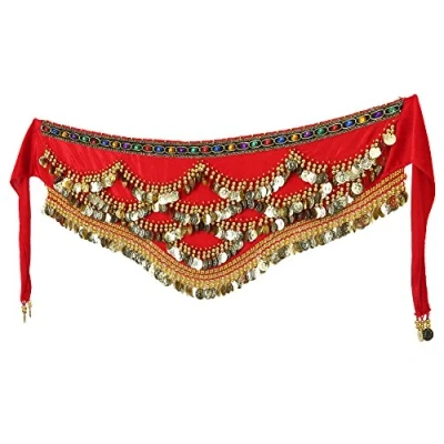 Image of VGEBY Belly Dance Hip Belt Fashionable Dancing Costume Waist Scarf 328 Golden Coins Tassel(Red)
