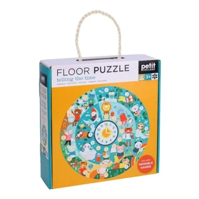 Image of Petit Collage Floor Puzzle, Telling the time, 24 Pieces Large Puzzle for Kids, Wooden Clock hands can be moved to show Completed Measures 18 x Great Gift Idea Ages 3+