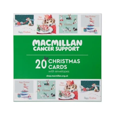 Image of Macmillan Festive Dogs Charity Christmas Cards Pack of 20 Luxury and Eco Friendly Cards. Boxed Multipack 4 Seasonal Designs. 127x127mm Card Size.
