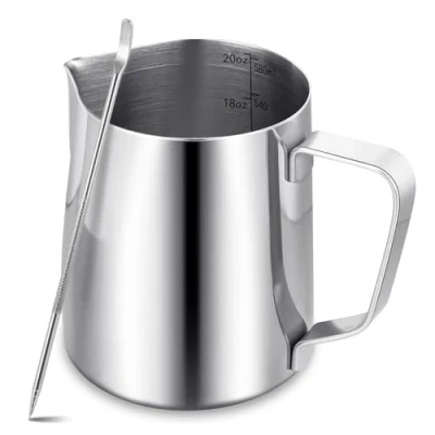 Image of Milk Frother Jug for Coffee Machine 600ml/20oz 304 Stainless Steel Pitcher Cup with Pen,Metal Barista Accessories Cappuccino Latte and Espresso,Dishwasher Safe