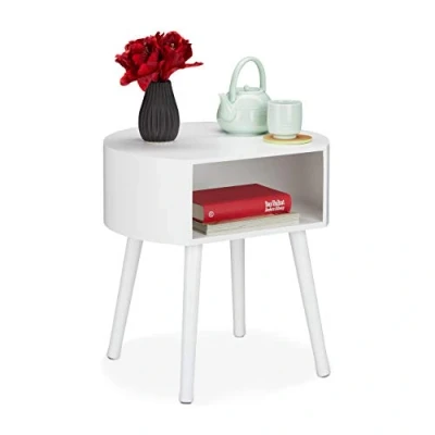 Image of Relaxdays Side Table, Round Nightstand with Storage Compartment, Wooden Legs, Simple Design, HxWxD 47.5x46x40 cm, White, Fibreboard, Pack of 1