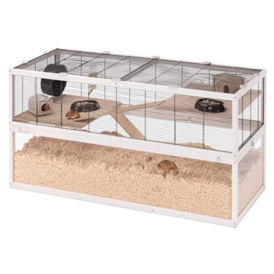 Image of Ferplast Hamster Cage DOMSTER, Mouse Cage, 3 Levels, with Accessories, Platforms and Ladders, Painted Metal FSC Wood, Transparent Base, Wooden 120 x 50 h 66,5 cm