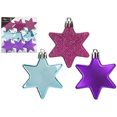Image of Snow White 9 Pack of Bright Colour Stars for Hanging On Your Christmas Tree Matt Purple Shiny Blue and Glittery Pink