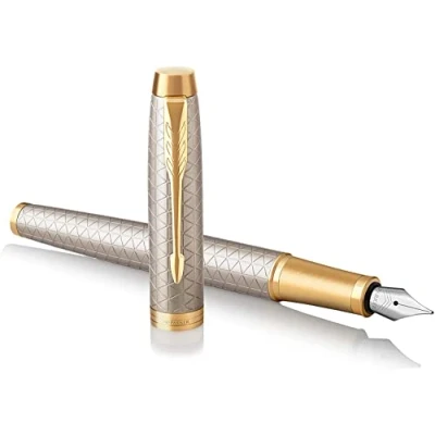Image of Parker Pen IM Premium Metal Fountain Warm Silver Champagne with Diamond Pattern Gold Trim Fine Nib Black Ink Gift Boxed