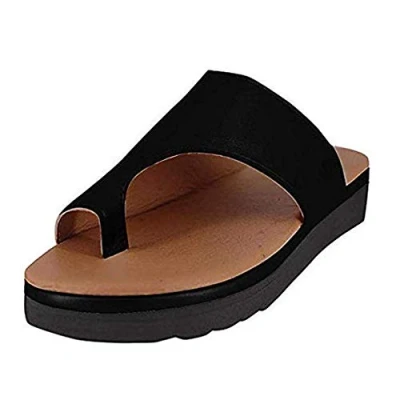 Image of Womens Low Wedge Flip Flops Open Toe Leather Bunion Sandals Comfy Summer Beach Travel Shoes Black 7.5 UK