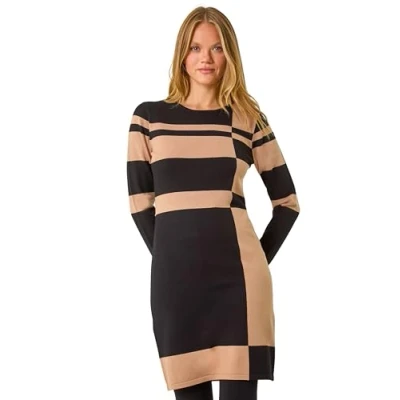 Image of Roman Originals Knitted Jumper Dress for Women UK Ladies Colour Block Winter Autumn Smart Casual Office Bodycon Workwear Everyday Long Sleeve Knee Length Knit Pocket Camel &amp; Black Size 20