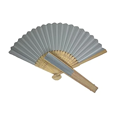 Image of Parev Light Grey Paper Foldable Hand Held Bamboo Wooden Fan