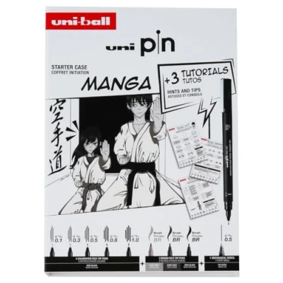 Image of uni ball PIN Black Ink Felt Tip Pen Fineliners. Manga Starter Set. Includes 3 Fineliners, 5 Brush Tips, 1 Mechanical Pencil. Water and Fade Resistant for Sketching, Calligraphy, Technical Drawing