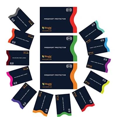 Image of Boxiki Travel RFID Blocking Sleeves, Set with Color Coding. Identity Theft Prevention Credit Card Holders (Set of 12 Protector Sleeves + 3 Passport Holders) (Navy Blue)