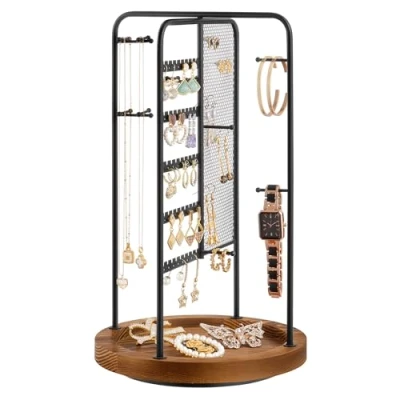 Image of SONGMICS Jewellery Stand, Rotating Display, 4 Independent Sections, Metal Frame, with Bottom Tray, Organiser for Necklaces, Bracelets, Earrings, Rings, Gift Idea, Black JJS023B01