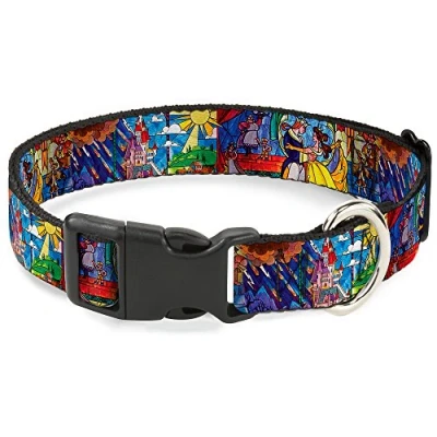 Image of Buckle Down Plastic Clip Collar Beauty &amp; the Beast Stained Glass Scenes 1&quot; Wide Fits 15 26&quot; Neck Large