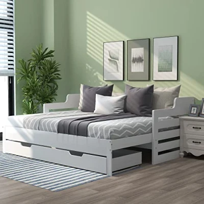 Image of Merax Sofa Bed with Big Storage Drawer, Pull out Bed, Modern Day for Living Room and Bedroom, Extendable Trundle Guest 1 2 Sleepers, White, 90 176x190cm
