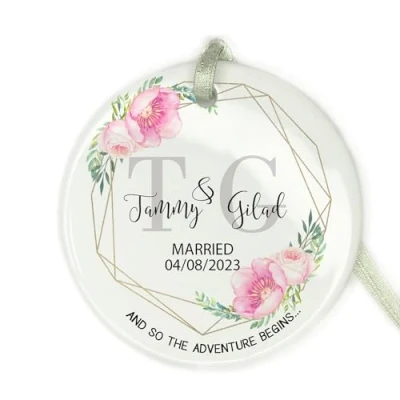 Image of GuteGifts Personalised Floral Engaged Married Bauble Engagement Wedding Gift for Couples Wife Husband 2021 Ceramic Ornaments Xmas Tree Decor Hanging Sign Keepsake .and so the adventure begins, White