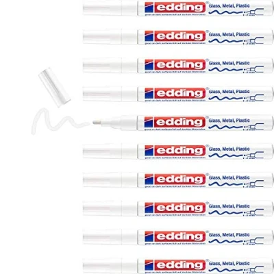Image of edding 751 gloss paint marker white 10 markers round tip 1 2 mm pen for glass, pebbles, wood, plastic, paper waterproof, high coverage