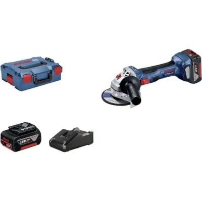 Image of Bosch Professional 18V System GWS 7 cordless angle grinder (125 mm disc dia., 2x4.0 Ah battery, GAL 40 charger, protective guard, auxiliary handle, backing flange, locking nut, L BOXX 136)