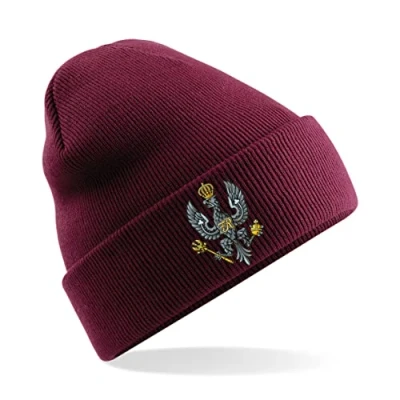Image of PSave King&#039;s Royal Hussars Insignia Mens Premium Embroidered Beanie Hat, Bob Hat British Army Military (Maroon)