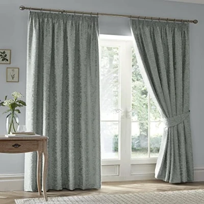 Image of Appletree Sage Green Jacquard Curtains W66 x L72 (168 183cm) Vintage Damask Pencil Pleat Luxury for Bedroom/Living Room Door Curtain Worcester Collection