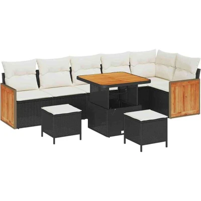 Image of vidaXL 9 Piece Garden Sofa Set with Cushions Black Poly Rattan Acacia