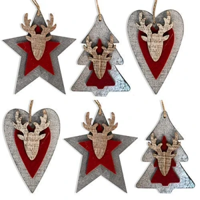 Image of by Robelli Shabby Chic Wooden Christmas Tree Hanging Pendant Baubles Decorations (6 x Red/Grey 3D Decorations)