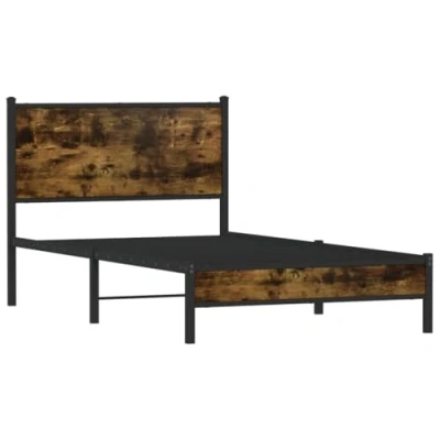 Image of vidaXL Metal Bed Frame with Smoked Oak Headboard Single Bed, Steel Frame, Sturdy Support, Under Storage, 107x203 cm