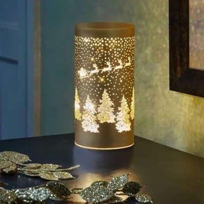 Image of Three Kings LED Light Up Gold Santa &amp; Sleigh Over a Forest 21cm Tall Lantern Lamp Decoration Battery Operated