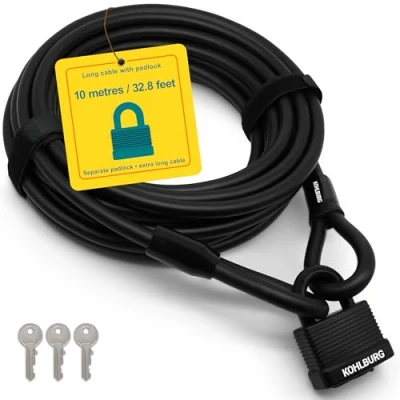 Image of KOHLBURG Cable Lock 10 Meters / 400 Long Steel m for Bicycle with Hook and Loop Fasteners 1000 cm metres Garden Furniture &amp; as Bike Easy Locking Mechanism