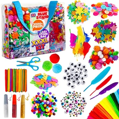 Image of Blue Squid Craft Supplies for Kids 2000+pcs in XXXL Supply Bag, Arts and Crafts Kit with Pom Poms Balls, Buttons, &amp; More School Art Box Crafting Set Ages 4 5 6 7 8 9 10 11 12