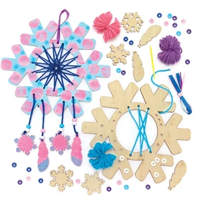 Image of Baker Ross FE894 Snowflake Wooden Dream Catcher Craft Kits Pack of 4, Make Your Own Wood Kit, Christmas Art and for Kids to Decorate