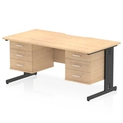 Image of Impulse 1600 x 800mm Scalloped Edge Office Desk Maple Top Black Cable Managed Leg Workstation 2 3 Drawer Fixed Pedestal