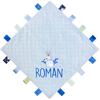 Image of TeddyT&#039;s Personalised Bunny Rabbit Baby Taggy Blanket Comforter Gift (Blue)